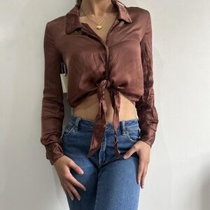 WILFRED Tie-Front Blouse Brown Satin Silky Cropped XS Aritzia